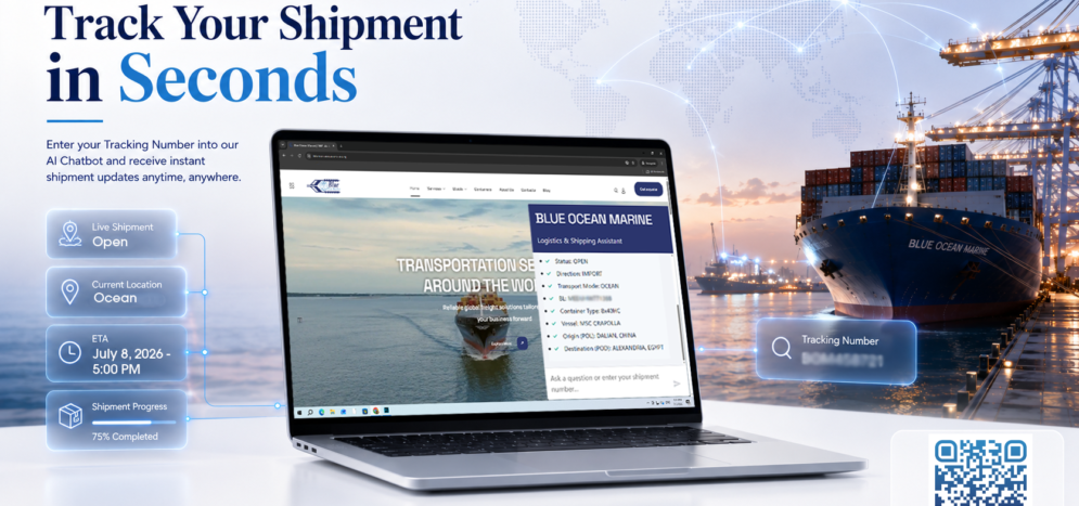 Track your shipment instantly with the Blue Ocean Marine AI Chatbot using your tracking number to view real-time shipment status, current location, and estimated arrival.