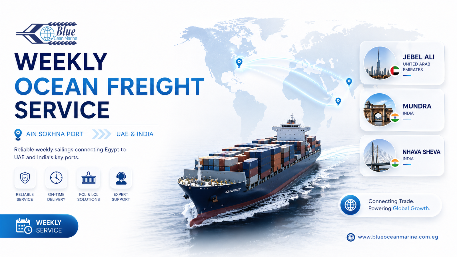 Weekly ocean freight service from Ain Sokhna Port to Jebel Ali, Mundra, and Nhava Sheva by Blue Ocean Marine Logistics.