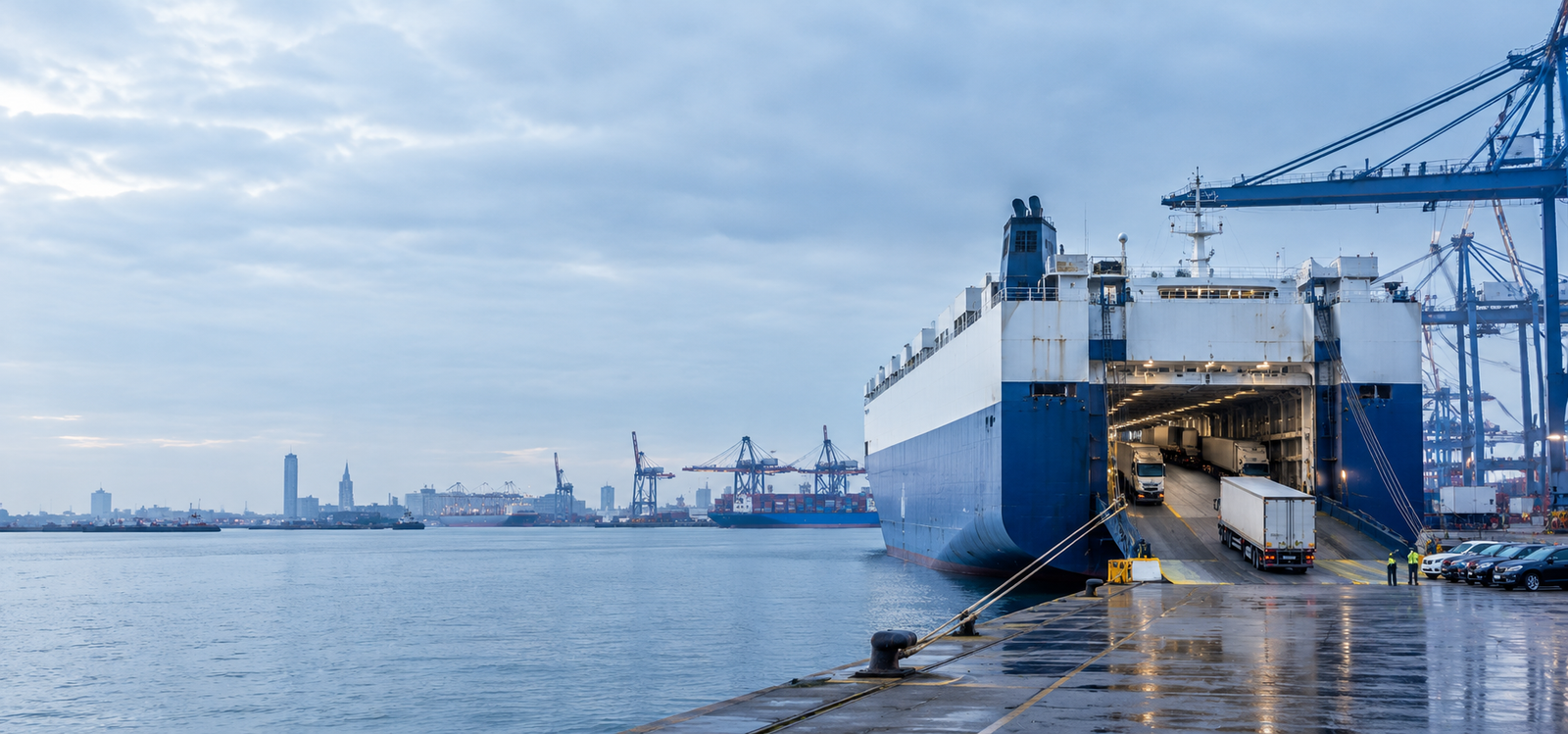 RoRo cargo vessel at a commercial port illustrating shipping from Antwerp to Alexandria.