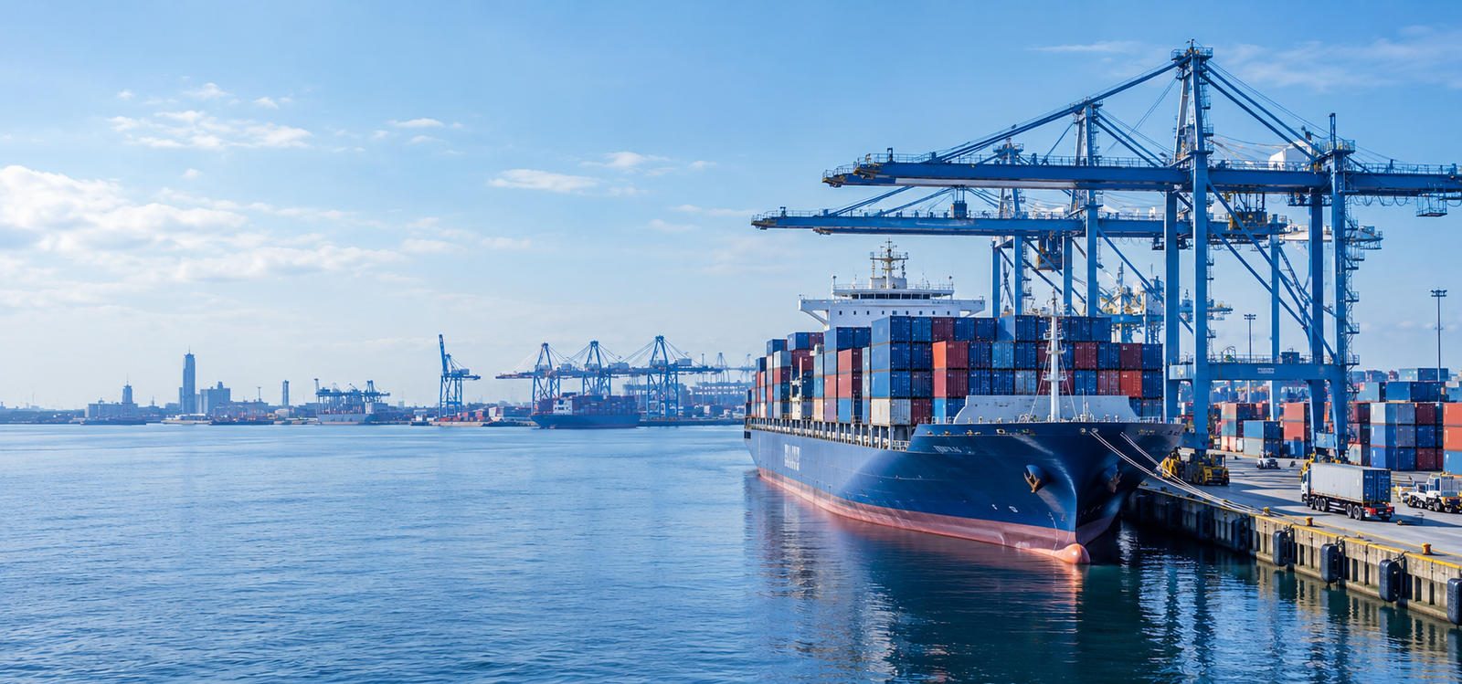 Container vessel and port terminal illustrating freight shipping from Antwerp to Egypt.